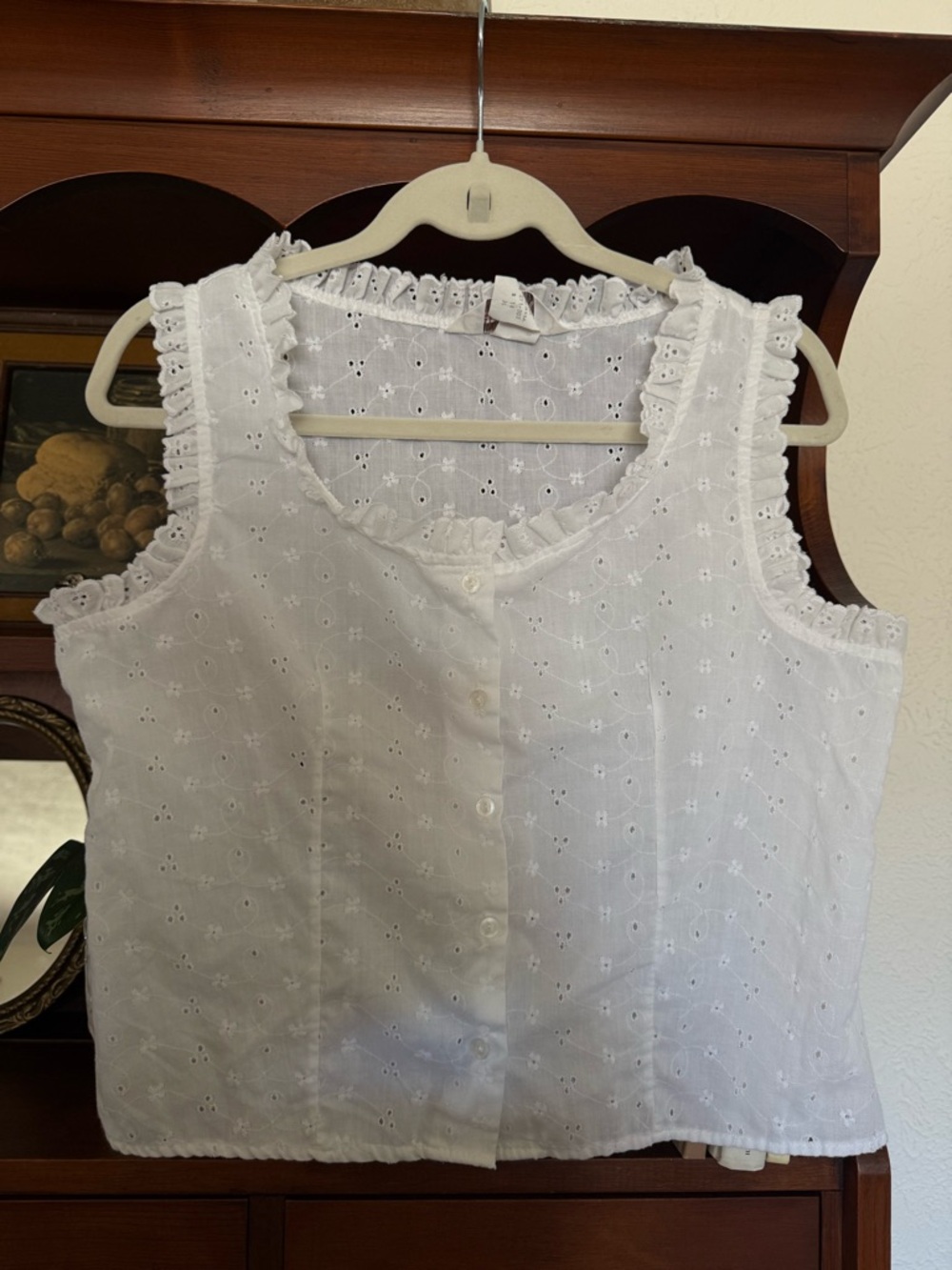 Women's White Eyelet Ruffle Button-Front Tank Top